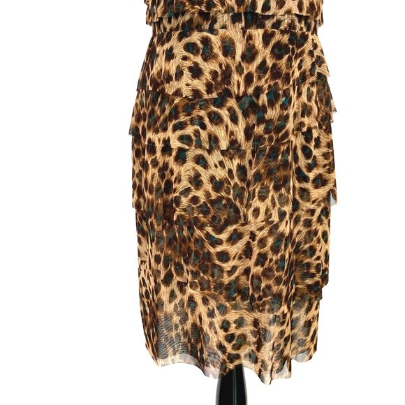 New Kay Unger Tiered Ruffle Mesh Leopard Pattern Sleeveless Dress Large - Picture 4 of 16